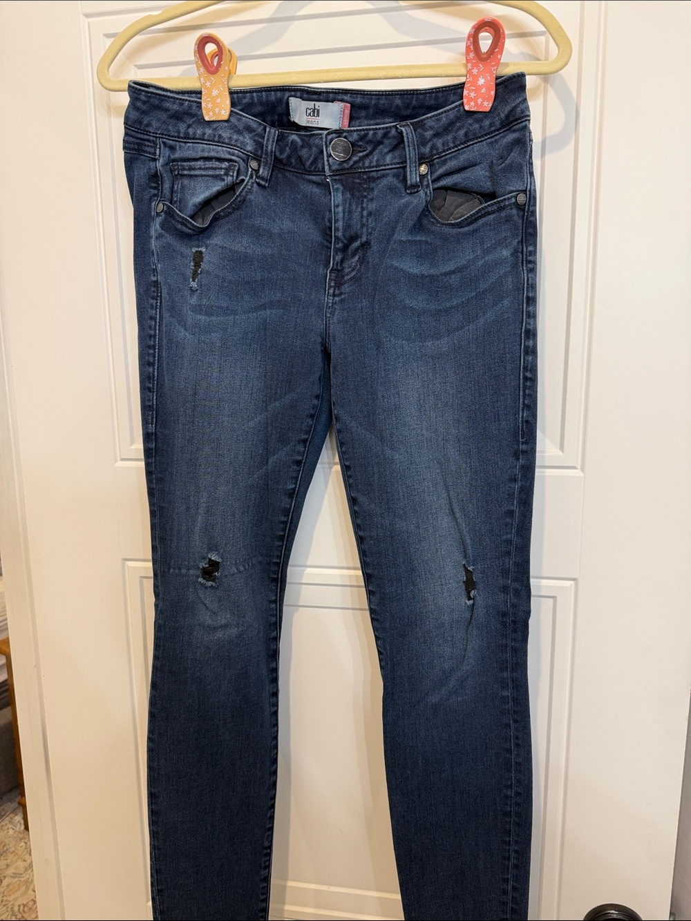 CAbi Dark Blue Skinny Jeans with Distressed Knees